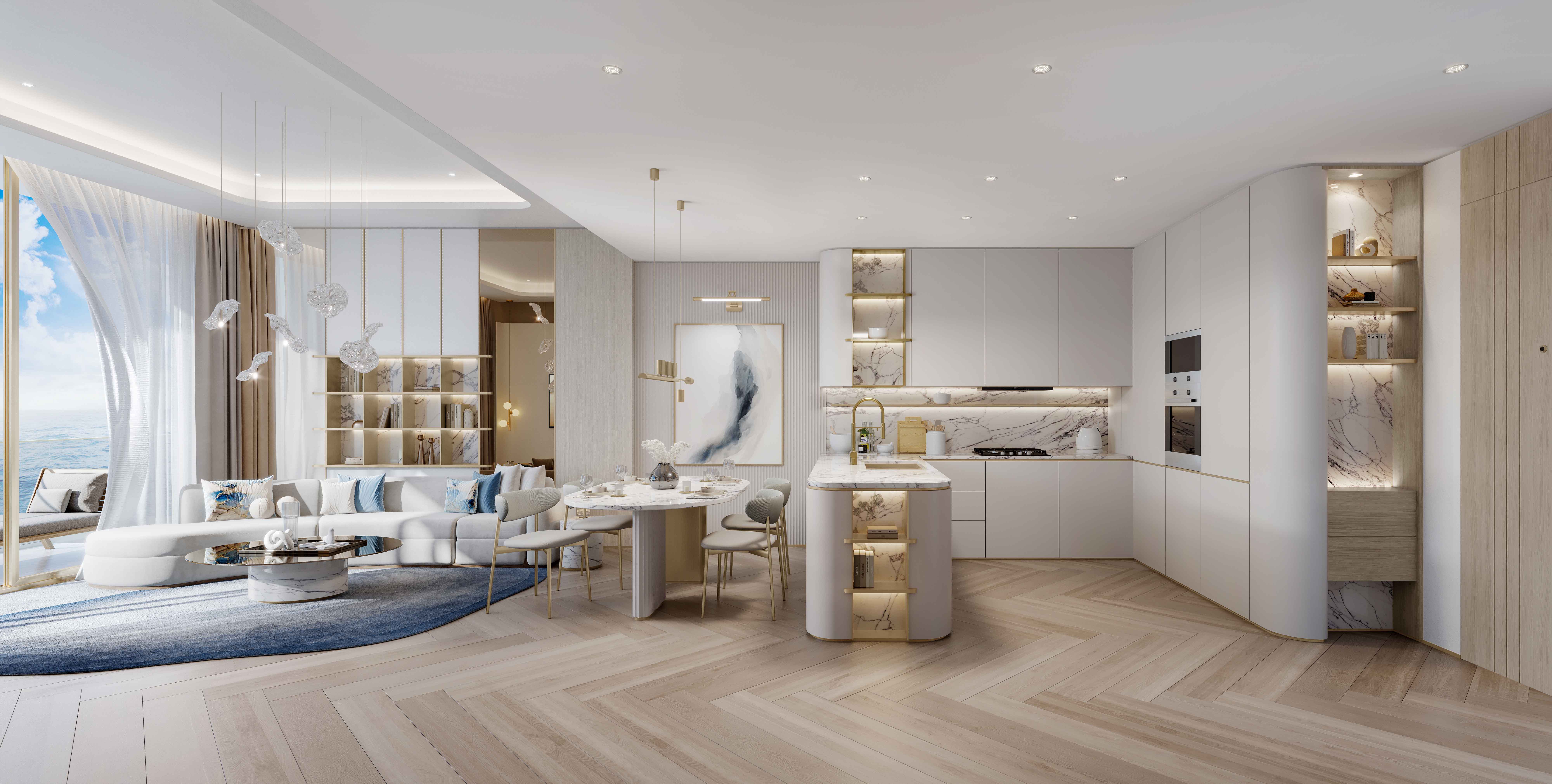 Beach Walk Iii By Imtiaz A modern, stylish living space featuring a sleek kitchen, elegant dining area, and panoramic ocean views.